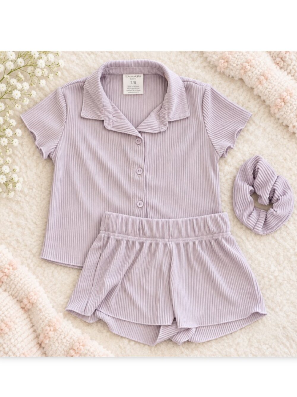 Tahari Girls Lavender Ribbed Pajama Set with Scrunchie - Size 7-8